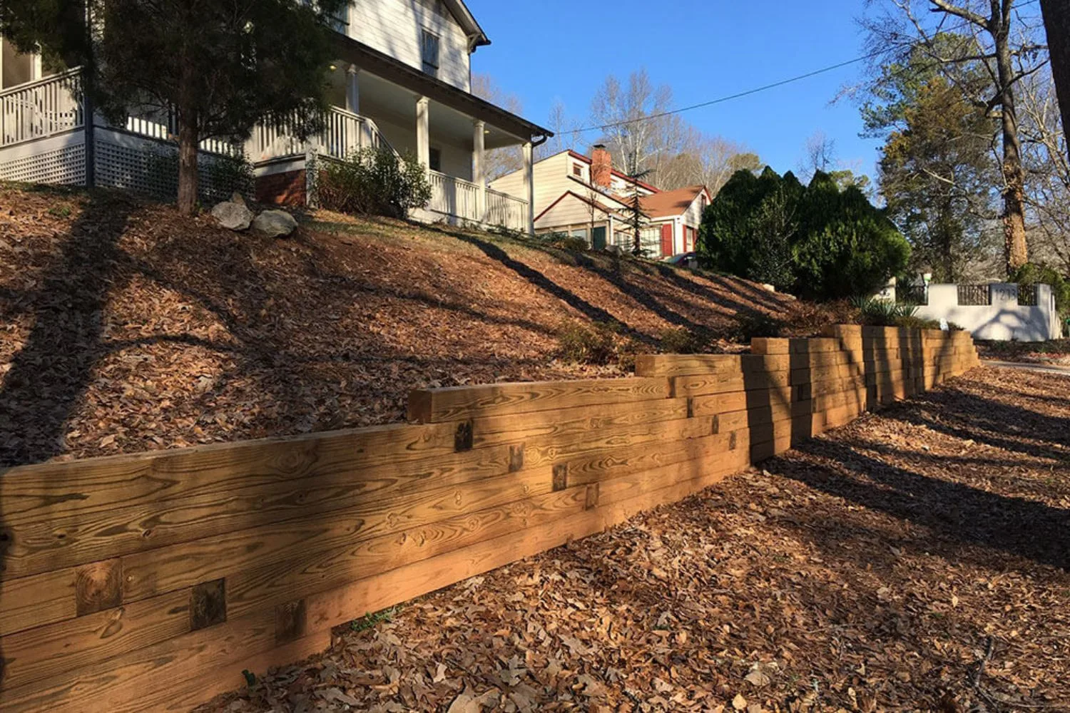 Timber sleeper retaining wall stepping up a sloping garden